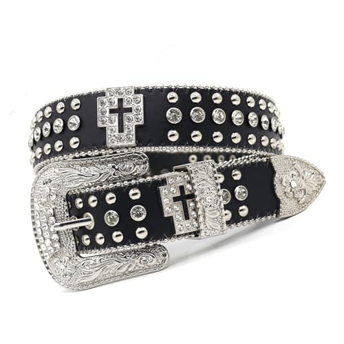 Ceinture en cuir noir style rock avec diamants strass et cristaux pour jean mode