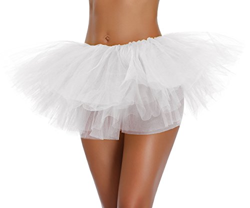 Womens Teen Adult Classic Elastic 3 4 5 Layered Tulle Tutu Skirt (One Size White 5Layer)