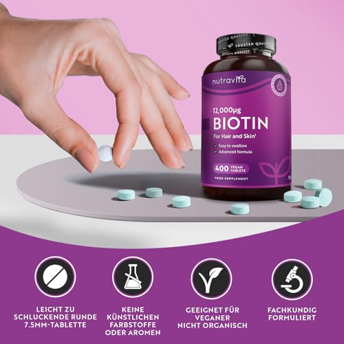 Biotin Hochdosiert 12000mcg, Haar Vitamine - 400 Vegan Biotin Tabletten für 1+ Jahr Vorat, Vitamin B7 - Haut Haare Nägel (EFSA) - Haarvitamine für Frauen - Hair Vitamins bei Nutravita