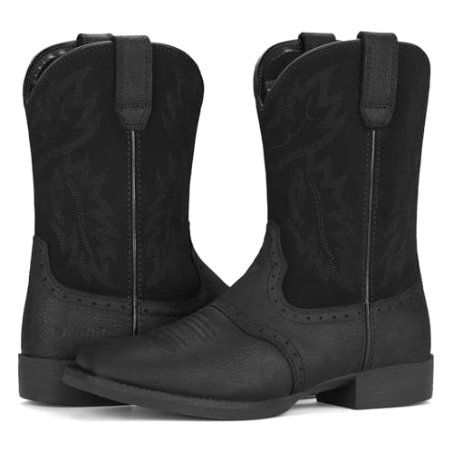 Rollda Leather Cowboy Boots for Men Western Boots Square Toe Chunky Heel Mid-Calf Boots Classic Embroidered with Pull On Tabs4