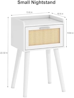 LAATOOREE Nightstand Set of 2, Small White Bedside Table, End Table with Rattan Door, Boho Side Table with Solid Wood Legs for Bedroom Living Room Small Space
