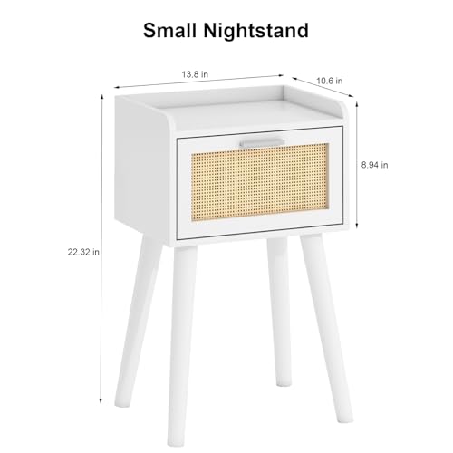 LAATOOREE Nightstand Set of 2, Small White Bedside Table, End Table with Rattan Door, Boho Side Table with Solid Wood Legs for Bedroom Living Room Small Space