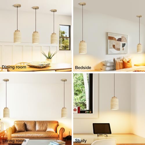 Japanese Style Wabi-Sabi Pendant Light Natural Yellow Travertine and Solid Wood Mini Pendant Lights, Compatible with E26 Bulb Socket, for Kitchen Island, Dining Room, Bedside, and Bar (Wood Color) by Generic - Image 4