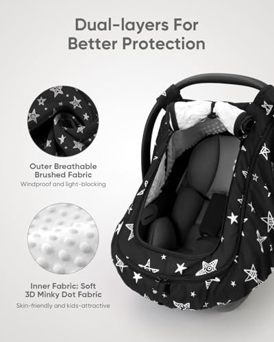 Image of Car Seat Cover for Baby, with Mesh and Zipper, Black Star | 2 Layers, Available In Winter And Summer, Windproof, 4 usage modes, Easy Access Carseat Covers Snug Fit Baby Stroller