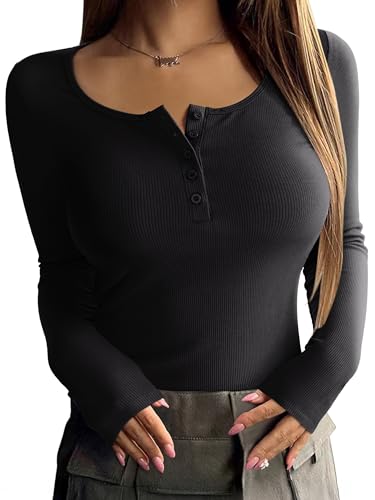REORIA Women's 2025 Fall Long Sleeve Henley T Shirts Button Ribbed Knit Slim Fit Casual Basic Tops Blouse Black Medium