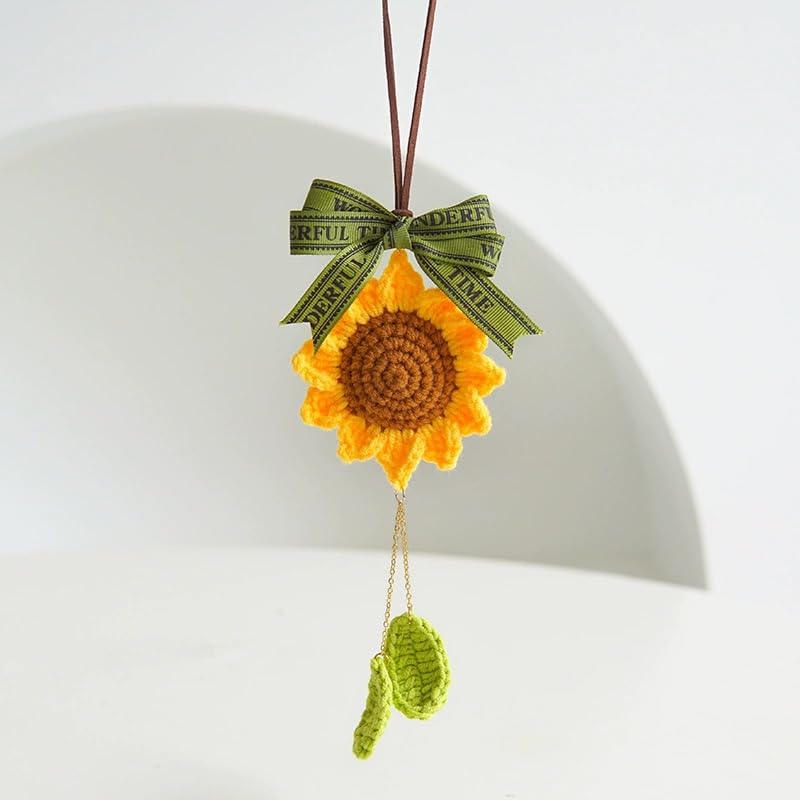 Handmade Knitted Sunflower Car Mirror Hanging Ornament - Cute Rearview Mirror Decor for Women, Car Accessories Gift, Plant Pendant for Vehicle Interior (Yellow)