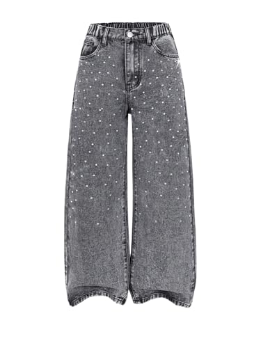 WDIRARA Girl's Sparkly Rhinestone Baggy Jeans High Waisted Washed Wide Leg Denim Pants
