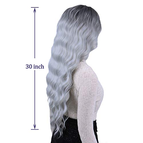 Gowit 30 Inch Long Wavy Wigs For Women Middle Part Curly Wave Hair Wig Dark Roots Grey Body Wave Wigs Natural Looking Heat Resistant Synthetic Full Wigs For Daily Party Cosplay Costumes(30",1B/Grey) #TOP1
