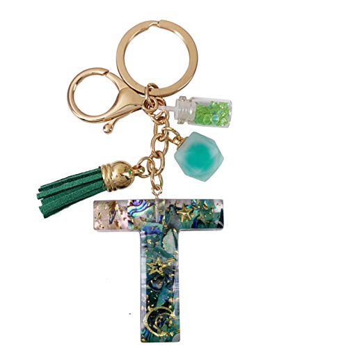 SELOVO Initial Keychain Ball Tassel Charm Capital Letter Alphabet Green Keyring, Green, T-Letter