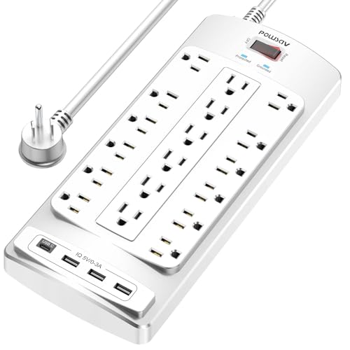 18 Outlets Surge Protector Power Strip - 6 Feet Flat Plug Heavy Duty Extension Cord with 18 Widely Outlets and 4 USB Ports, 2100 Joules, White, ETL Listed