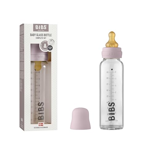 Image of BIBS Baby Glass Bottle. Anti-Colic. Round Natural Rubber Latex Nipple. Supports Natural Breastfeeding, Complete Set - 225 ml, Dusky Lilac