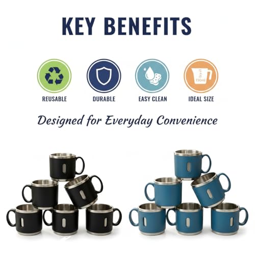 Image of Premium Stainless Steel Double Wall Coffee Mug Set of 6 (150ml Each) | Black & Blue Combo | Insulated Reusable Tea & Coffee Cups for Home, Office & Gifting
