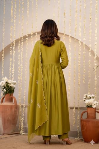 Image of Women Chanderi Silk Embroidered Kurta Pant Dupatta Set | Ethnic Wear | 2.25m Dupatta | S-XXL | Green & Teal Blue
