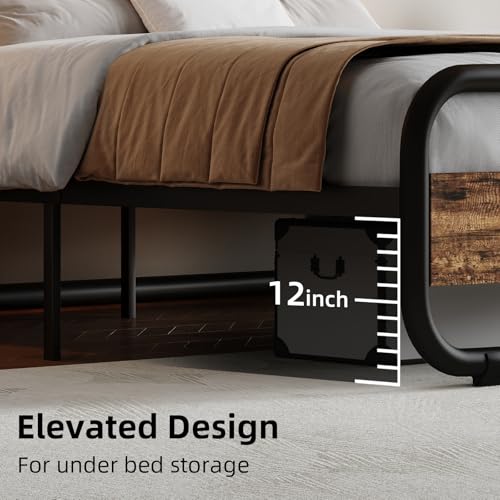 Image of King Size Bed Frame, Wood Headboard and Footboard, LED Lights, Rustic Brown