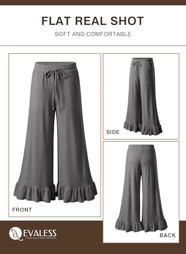 EVALESS Women's Wide Leg Pants with Pockets High Rise Elastic Waistband Comfy Lightweight Ruffle Hem Palazzo Pants for Ladies Beach Vacation Clothes Grey Large