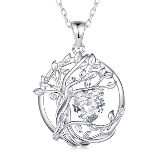 Image of FANCIME Tree of Life Cubic Zirconia Necklace for Women 925 Sterling Silver Tree Pendant Birthstone Necklace Jewellery Gemstone Anniversary Birthday Christmas Gifts for Wife Girls Her
