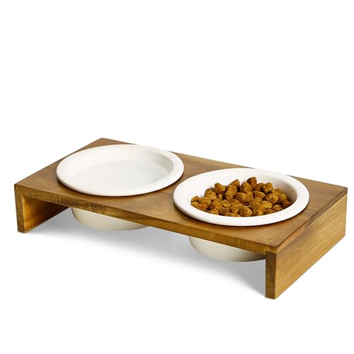 PETLINUS Comedero Gato Elevado Doble - Comedero Elevado Gato o Perros pequeños, Comedero Perro Elevado con Base en Madera y...
