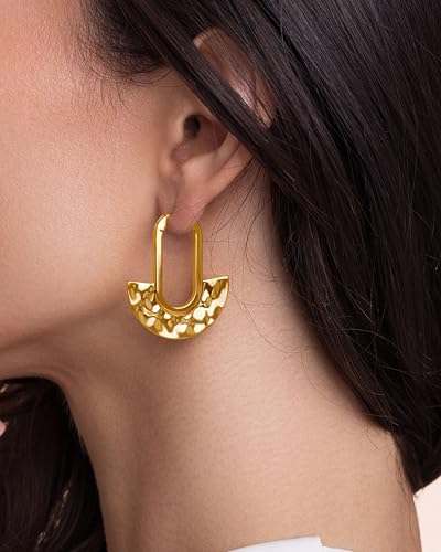 Big Bold Lightweight Gold Hammered Flat Round Statement Drop Earrings for Women by SNGIA, Large Chunky Handmade Formal Trendy Jewelry Gifts, Circle Disc Coin Geometric Dome Textured Beachy Vacation Fashion Hanging Earrings Accessories, Vintage Retro Thick Bohemian Nickle Free Circular Sun Dangle Earrings.3