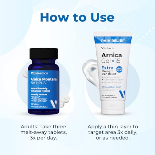 VitaMedica Arnica Montana Tablets & Arnica Gel Bundle for Natural Pain, Bruising, and Swelling - 150 Rapid Dissolve Tablets / 3 Ounce Water-Based Gel - Made in USA - Thumbnail 7