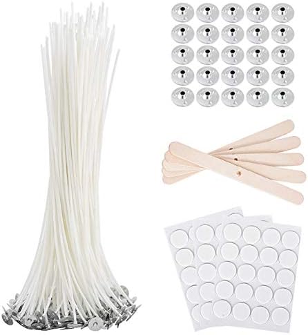Bulk Cotton Candle Wick 8" Pre-Waxed 80 Pcs with 60Pcs Candle Wick Stickers, 5Pcs Candle Wick Centering Device and 20PCS Metal Tabs for Candle Making (80pcs 20cm Wick kit)