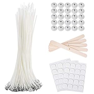 Bulk Cotton Candle Wick 8″ Pre-Waxed 80 Pcs with 60Pcs Candle Wick Stickers, 5Pcs Candle Wick Centering Device and 20PCS Metal Tabs for Candle Making (80pcs 20cm Wick kit)