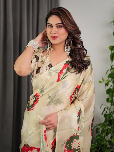 Image of ALMAARI FASHION Satin Georgette Floral Printed Saree with Blouse, 5.5 Meter Saree with 0.8 Meter Blouse, Traditional (SG 120 H)