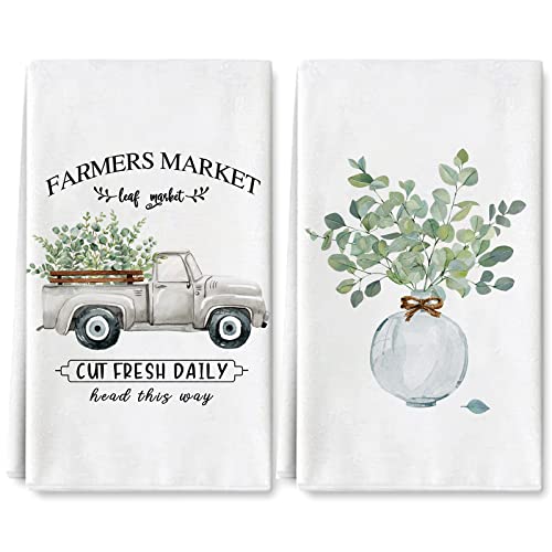 Anydesign Farmhouse Kitchen Towel 18 X 28 Inch Watercolor Greenery Truck Dish Towel Seasonal Rustic Hand Drying Tea Towel For Spring Summer Cooking Baking Cleaning Wipes, 2Pcs #TOP24
