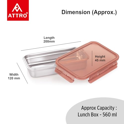 Image of Attro Steelox Rectangle Stainless Steel Container with Plastic Seal Lid BPA Free Food Grade Leak-Proof Ideal for School, Office & Outdoor Lunch Pack - 560ml Brown