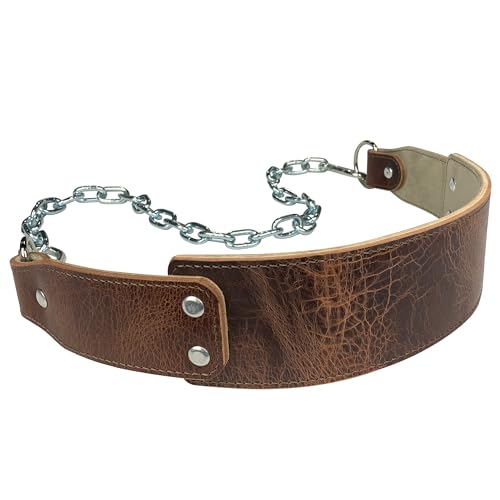 Dominion Strength Training Heavy-Duty Leather Dip Belt with Steel Chain - Ultimate Accessory for Weighted Pullups, Dips, & Progressive Overload - Premium Antique Brown Water Buffalo Suede Lined