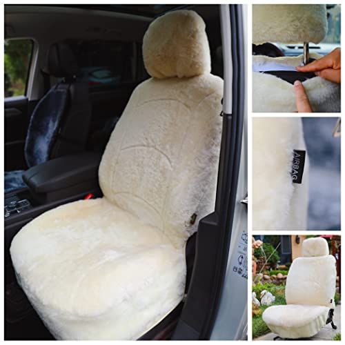 Genuine Sheepskin Lambskin Winter Car Seat Cover Lambs Wool Sheep Skin Fuzzy Seat Cover Shearling Car Accessories Front With Curve Patten (Beige) #TOP2