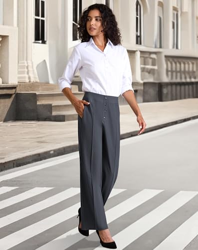 JEKAOYI Womens Dress Wide Leg Pants Work High Waist Pants Business Casual Stretchy Trousers Pull On Slacks with Pockets Dark Grey — view 3