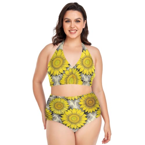 Bikini grande taille tournesol réglable pour femmes et maillot de bain deux pièces dos nu