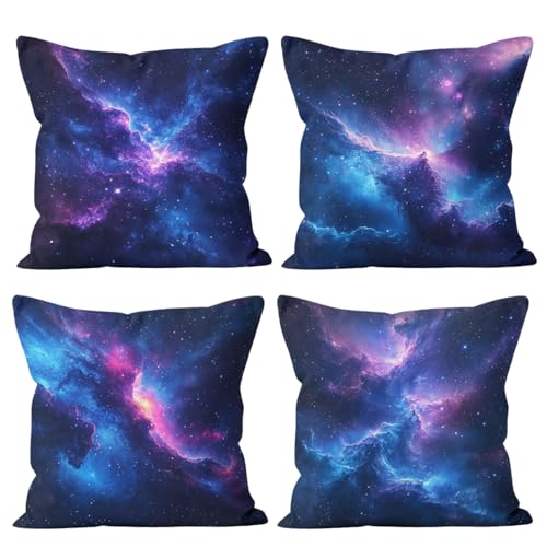 Galaxy Space Pillow Covers 18x18 inch Set of 4, Cosmic Nebula Starry Sky Abstract Cushion Case Outdoor Sofa Throw Pillows Cover Garden Pillow Covers for Couch Living Room Bed Indoors Home Decor