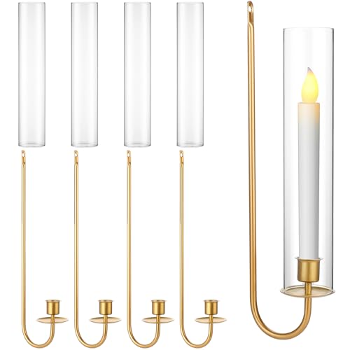 Teenyyou 4 Set Metal Wall Candle Sconce Holder Set Open Ended Glass Hurricane Candleholder Taper Tube Hanging Wall Mount Pillar Candle Holder for Wedding Living Room Farmhouse Fireplace(Gold)