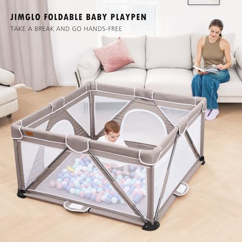 Image of Jimglo Baby Playpen Foldable, Playard for Babies and Toddlers, Portable Playpen Activity Center with 50 Balls+2 Handles for Travel, Indoor & Outdoor Play Pen with Mesh 59''x71''