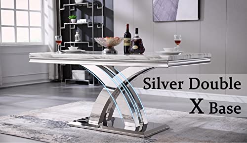 Auz 7-Piece Dining Table Set, Grey And Silver Dining Table With Polished Stainless Steel Double X Base And Black Velvet Dining Chairs With Metal Legs (Dining Table + 6 Black Dining Chair) #TOP4