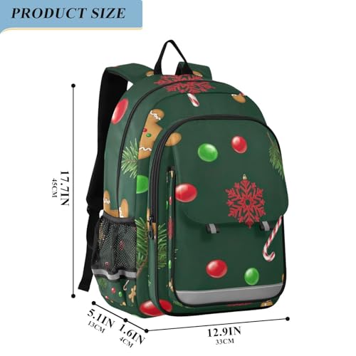 Gingerbread Men Green Kids Backpack for School, Front Flap School Bag, 17 Inch Girls Backpack with Chest Strap, Age 6-122