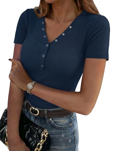 Aottori Haut Boutonné T Shirt Col V Côtelé Manches Courtes Bleu Marine XXL