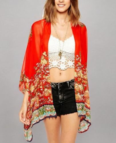 olrain Women's Floral Print Sheer Chiffon 3/4 Bat Sleeve Casual Loose Kimono Cardigan Capes (Medium, Red) - Thumbnail 6