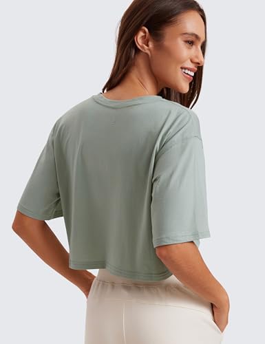 Image of CRZ YOGA Pima Cotton High Neck Crop T-Shirt | Workout, Naturally Soft, Loose Fit, Short Sleeve Tops for Women