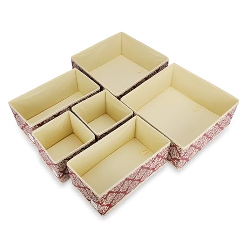 Image of House of Quirk Non-Woven Foldable Cloth Storage Box Closet Dresser Drawer Organizer Cube Basket Bins Containers Divider with Drawers for Underwear, Bras, Socks, Ties, Scarves, Set of 6 (Maroon Motif)