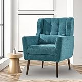 cinkehome Accent Arm Chairs for Living Room, Chenille Upholstered Mordern Armchair, Comfy Soft Padded Lounge Chair in Small Spaces, Bedroom, Pillow, Solid Wood Leg, Teal