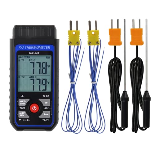Thermocouple Thermometer Digital K/J Type with 4 K Type Thermocouple, HVAC Thermometer with Alarm & Adj Compensation, Temperature Meter -328°F ~ 2501°F Measuring Range by Gain Express - Used condition - US$26.51