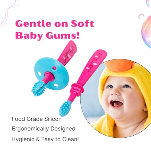 Image of Adore Toothsie Baby Toothbrush |Oral Kit with Soft Chewable Bristle Beginner Brushing | Silicone Toothbrush for Toddler Kids (2Pcs) (Pink, Standerd)