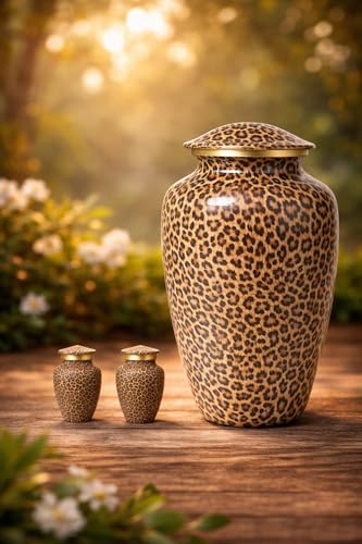 Leopard Print Cremation Urn for Human Ashes 200lbs – Adult Funeral Urn with 2 Keepsake Urns - Secure Lid, Decorative Large Memorial Urn Set for Home Display Included Valvet Bag