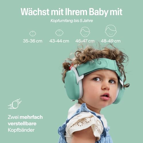 Alpine Muffy Baby Comfort - Gehörschutz für Babys & Kleinkinder - Getestet in Deutschland - Einzigartiges Kopfband für Sicheren & Bequemen Sitz - Verstellbar <5 Jahren - Kopfhörer Lärmschutz, Grün