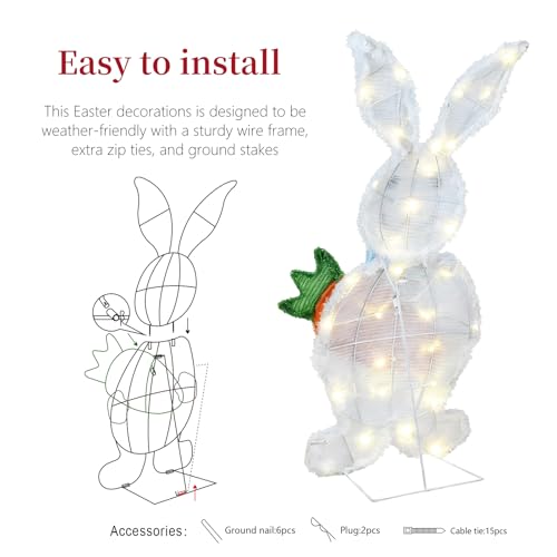 Outdoor Easter Bunny Yard Decorations, Lighted Metal Bunny Decor Set of 2, 30 Inch, Plug-in Pre-Lit LEDs for Lawn Garden Front Porch by HOYECHI - Image 4