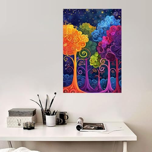 Tableau arbres colorés WODJEM 40x60cm encadré pour déco murale