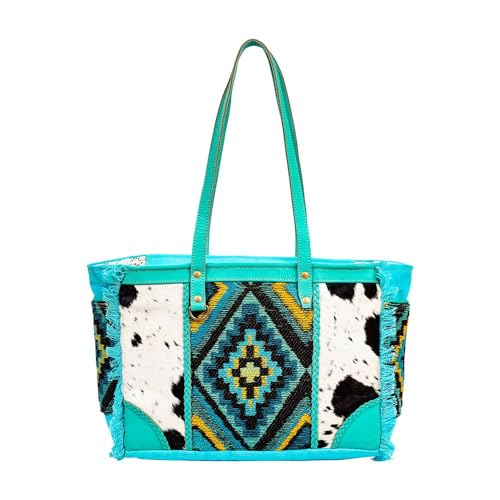 Myra Bag Shoulder Bag for Women - Western Upcycled Hairon Canvas & Leather Handbag Turquoise