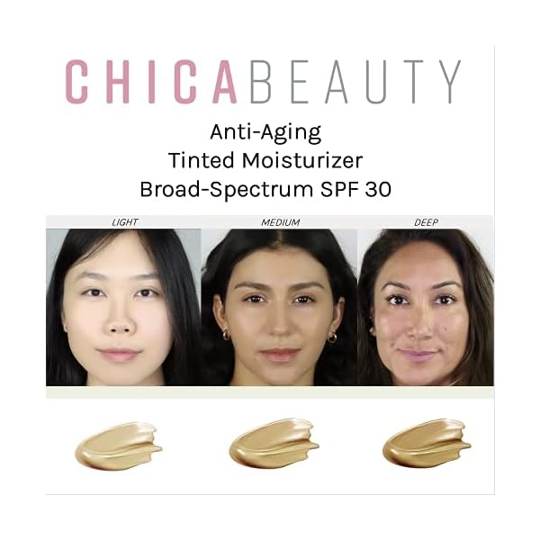 CHICA-BEAUTY-3-in-1-Tinted-Face-Moisturizer-with-Anti-Aging-Antioxidants-Vitamin-AE-SPF-30-Sunscreen-with-UVAUVB-Protection-Oil-Free-Vegan-Cruelty-Paraben-Free-All-Skin-Types-Medium-Shade CHICA BEAUTY 3 in 1 Tinted Face Moisturizer with Anti-Aging Antioxidants, Vitamin A&E, SPF 30 Sunscreen with UVA/UVB Protection - Oil Free, Vegan, Cruelty & Paraben Free, All Skin Types - Medium Shade